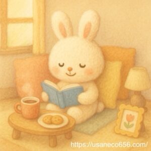 お部屋で本を読んでいる、白うさぎのこまちちゃん