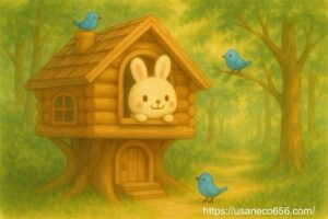 「やさしの森」にあるツリーハウスの小窓から微笑んでいるこまちちゃんと小鳥さん