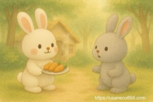 焼き立てのにんじんクッキーをお皿に載せてもっている白うさぎのこまちちゃんと初めて出会うめいたくん