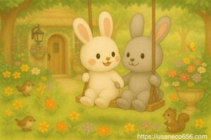 やさしの森にあるブランコに乗って楽しそうに話しているこまちちゃんとめいたくん