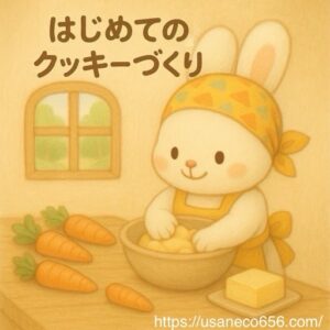 白ウサギこまちちゃんが小麦粉、バター、にんじんをボウルにいれ、手でこねてクッキー作りをしている