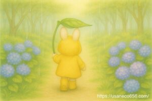 こまちちゃんが葉っぱの傘をさして、森の小道を戻っていく後ろ姿。 紫陽花が咲いていて、森の中がきらきら光っている雰囲気。 