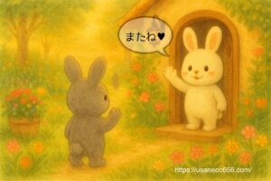 おうちの前でこまちちゃんが「またね」と手をふっている。めいたくんも名残惜しそうに手をふっている