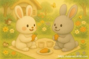 お庭にピクニックシートを広げて、こまちちゃんとめいたくんが仲良くにんじんクッキーを食べている