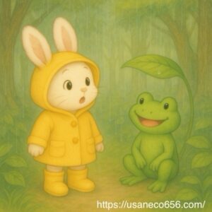 こまちちゃんが、カエルさんの話に「へぇ〜」と目を丸くして聞いている。 背景に大きな木々と、雨の中しっとりとした緑。