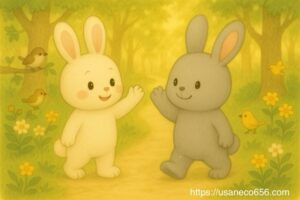 やさしの森で待ち合わせをしてお散歩をするこまちちゃんとめいたくん