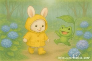 森の小道を、こまちちゃんとカエルさんが並んで歩く。 葉っぱの下には小さなカタツムリ。紫陽花が咲いている。