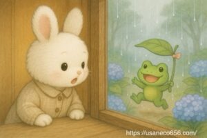 外で元気にはねているカエルさん。葉っぱを傘にしている。 こまちちゃんが窓からびっくりして見ている。