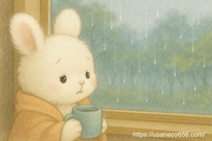 窓辺でカップを持ち、しょんぼり見つめるこまちちゃん。 窓には雨粒、外は灰色の空。