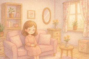 すっきり片付けられた理想の部屋でくつろぐ女性