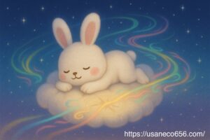 夢の世界に入り、ふわふわの雲の上にのってお昼寝をしているこまちちゃん