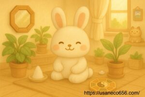 風水アイテム(八角形の鏡、盛り塩、観葉植物)に囲まれたお部屋にいる、白うさぎのこまちちゃん