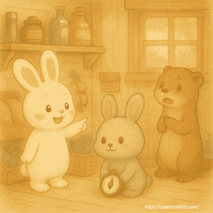 めいたくんがコンパスを持って床にしゃがんでいる こまちちゃんが「ここよ」と指差し、西の壁を見ている チッチさんが驚きの表情で見守る 壁には棚や雑貨が雑然と置かれている様子 