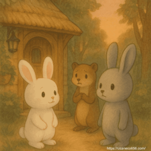 小さなおしゃれな雑貨店の外観（森の中の木造のお店） 元気のないチッチさん（イタチ）、心配そうなこまちちゃんとめいたくん 