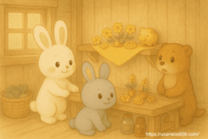 小さな木の棚に、黄色い布・金の置物（小判・金のブタなど）を飾る3人 花瓶に黄色い花（マリーゴールド）、シナモンスティックや小瓶のアロマも添える 棚の周りがキラキラとほんのり輝くような演出