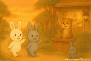 こまちちゃんとめいたくんは、夕焼けの小道を帰るところ。 チッチさんは店の前で、ふたりを手を振って見送ります。