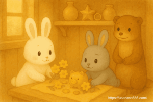 小さな木のクエの上で、黄色い布・金の置物（小判・金のブタなど）を用意する、こまち＆めいた 花瓶に黄色い花（マリーゴールド）、シナモンスティックや小瓶のアロマも添える