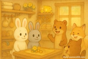 明るい店内に笑顔のお客さんが2〜3人来ている。 チッチさんが嬉しそうにレジ対応。棚の金運スペースに小さな光がさしている描写 