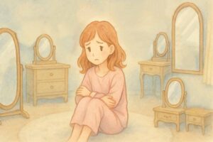 鏡が多すぎる部屋の中央に座って、落ち着かない不安そうな若い女の子