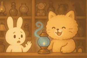 骨董屋で怪しい感じのするランプを買おうとする人をとめる友達