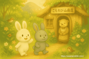 やさしの森の中を散歩している、こまちちゃんとめいたくん