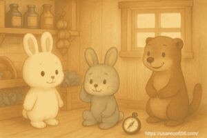 めいたくんがうっかり西の方位を間違えちゃって、頭を描いて照れている。こまちちゃんとチッチさんがやさしく微笑んで見守っている 