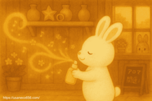 こまちちゃんが香りのしずく（精油）をシュッとスプレーしている 香りがリボンのようにくるくる舞いながら広がっていく（うすい光のライン）様子 