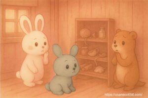 乱雑で薄暗い西の棚をみて、心配しているこまちちゃん、めいたくん。心配そうな表情のチッチさん