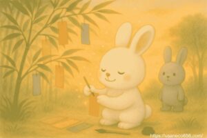 こまちちゃんが願いを書き終え、短冊をそっと笹に結んでいるシーン めいたくんは、こまちちゃんを見守るようにふわっとした表情で立っている（少し距離あり）