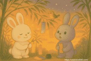 風が吹き始める夕暮れの一瞬 こまちちゃんは、竹に結んだ短冊を見上げながら、ふわっとした笑顔。「風が運んでくれるわ」と語っている雰囲気 めいたくん（灰色ウサギ）少し照れつつも誇らしげに空を見上げている。手にはまだ短冊が一枚 ことりさん（小鳥）：竹の枝に止まって、チュンチュンと鳴いている。明るく応援するような表情