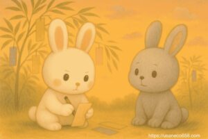 短冊に筆を取って願いごとを書くこまちちゃん。少し神妙な顔で真剣に書いている。 めいたくんは横で見ていて、「ぼくも書いてみようかな〜」とワクワクしている様子。