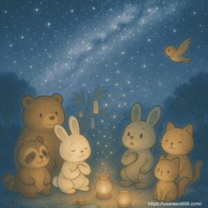 こまちちゃん、めいたくんのほかにやさしの森の動物さん(くまさん、たぬきさん、ことりさん、リスさん、ねこさん)がたくさん集まってランタンの灯りの中で輪になって、天の川をみてる