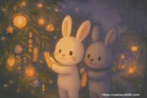 笹の葉に祈りをこめて短冊をつけるこまちちゃんとめいたくん