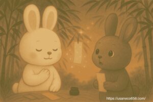 こまちちゃんがめいたくんに「言葉の力」について語っているシーン。こまちちゃんは目を閉じて、手を胸に当て、穏やかに言葉の大切さを話している様子。 めいたくん：目を丸くして聞いている。手には、少し前に書いた短冊。