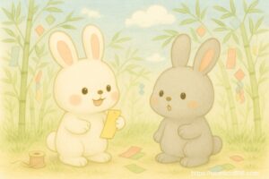 森の広場。竹を立てて、こまちちゃんたちが短冊の支度中。