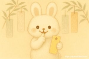 こまちちゃんが短冊をもって、ナイショだよとポーズしている