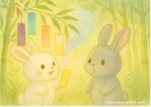 短冊の色のもつ意味をめいたくんに教えてるこまちちゃん