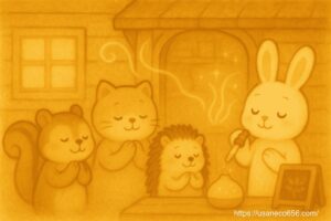 お店の入口で、お客さん動物たち（リスさん、猫さん、ハリネズミさんなど）が深呼吸している。 店内の奥からふんわり香りが漂い、ディフューザーがきらきらと描かれている。