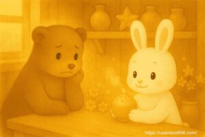 チッチさん（いたち）が店先のカウンターで、ほっぺに手をあてて考え込んでいる。 こまちちゃん（白うさぎ）がその横で微笑みながら香り玉（アロマディフューザーのようなもの）を手にしている。 背景に、金運棚がほのかに輝いている。