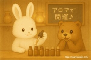 木のテーブルの上に、精油の瓶がずらり。 こまちちゃんがスポイトで精油を垂らし、チッチさんが目を輝かせて見ている。 後ろに小さな黒板があり「アロマで開運♪」の文字。