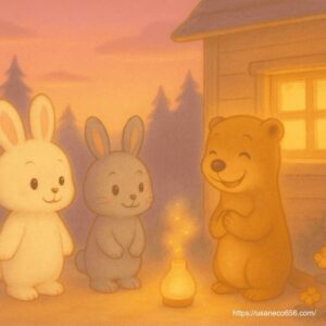 夕暮れどき、こまちちゃん、チッチさん、めいたくんが店の前に並んでいる。 やさしい氣に包まれながら、今日のしあわせをかみしめるように、チッチさんはこまちちゃんに感謝の気持ちを述べている