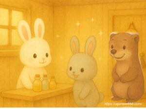 机の上に精油が並んでいる。チッチさんもめいたくんも興味深そうに眺めている 