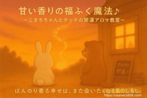 お店の前、夕暮れどき。 こまちちゃんとチッチさんが並んで座っていて、香りがふんわり漂っている。背景にはきらきらとした空、静かな森のシルエット