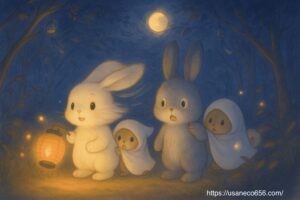 風の音に驚いてこまちちゃんの後ろにぴょんとするおばけ役のくるりとめたいくんの後ろに隠れるチョロ