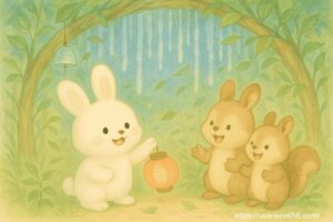 氷のすだれと風鈴が吊るされたひんやりおばけやしきの内部。リス兄弟がこまちちゃんに冷たい仕掛けを説明する場面