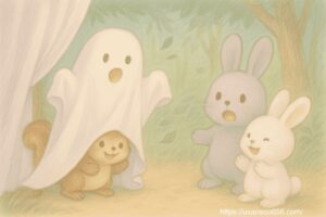 カーテンの奥から“ぬっ…”と出てくる白いおばけ。しっぽがはみ出している。 こまちちゃんがくすくす笑って、めいたくんがびくっとしている様子。 くるりが顔を出して、照れ笑いしている