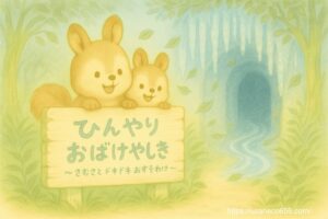 ひんやり おばけやしき』と書かれた看板の前に立つリス兄弟