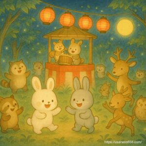 櫓の上にはリス兄弟が太鼓をたたき、音頭をとっている。 やぐらのまわりでは、たぬき、しか、ふくろう、小鳥、ねこ、こまちちゃんめいたくんが盆踊りをしている、楽しい雰囲気