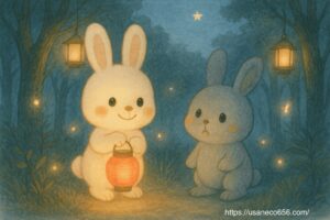 赤い手作りちょうちんをぶらさげて広場に立つこまちちゃんと少しおっかなびっくりした表情のめいたくん