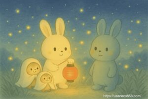 草原に光るホタルが舞う、提灯をたたずませる幻想的な野原の風景